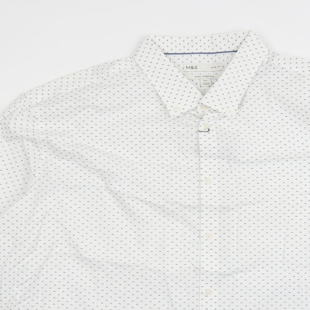 Marks and Spencer Mens White Geometric Cotton Dress Shirt Size 3XL Collared Button - With Stretch
