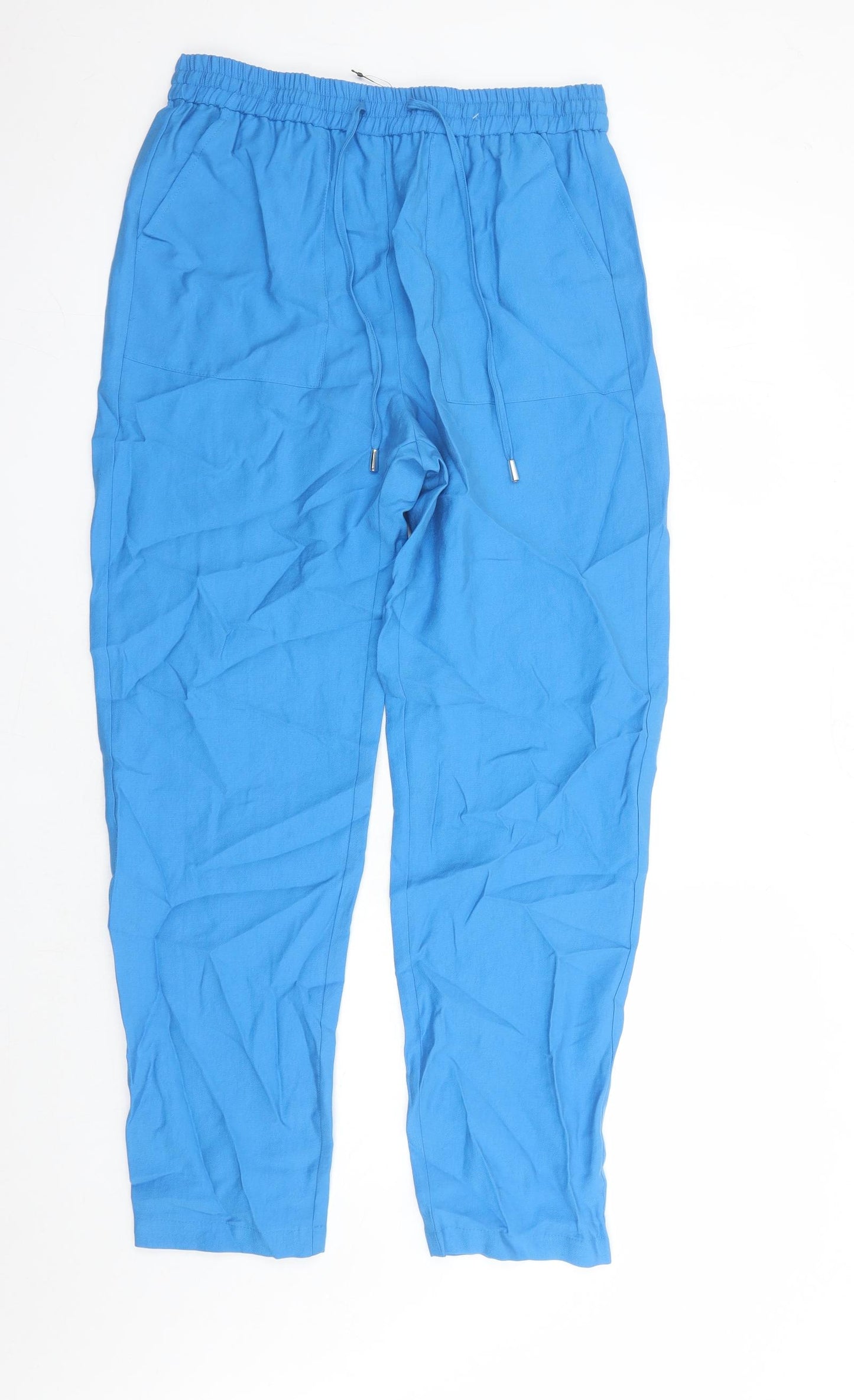 Marks and Spencer Womens Blue Lyocell Carrot Trousers Size 12 L29 in Regular Drawstring - Elasticated Waist