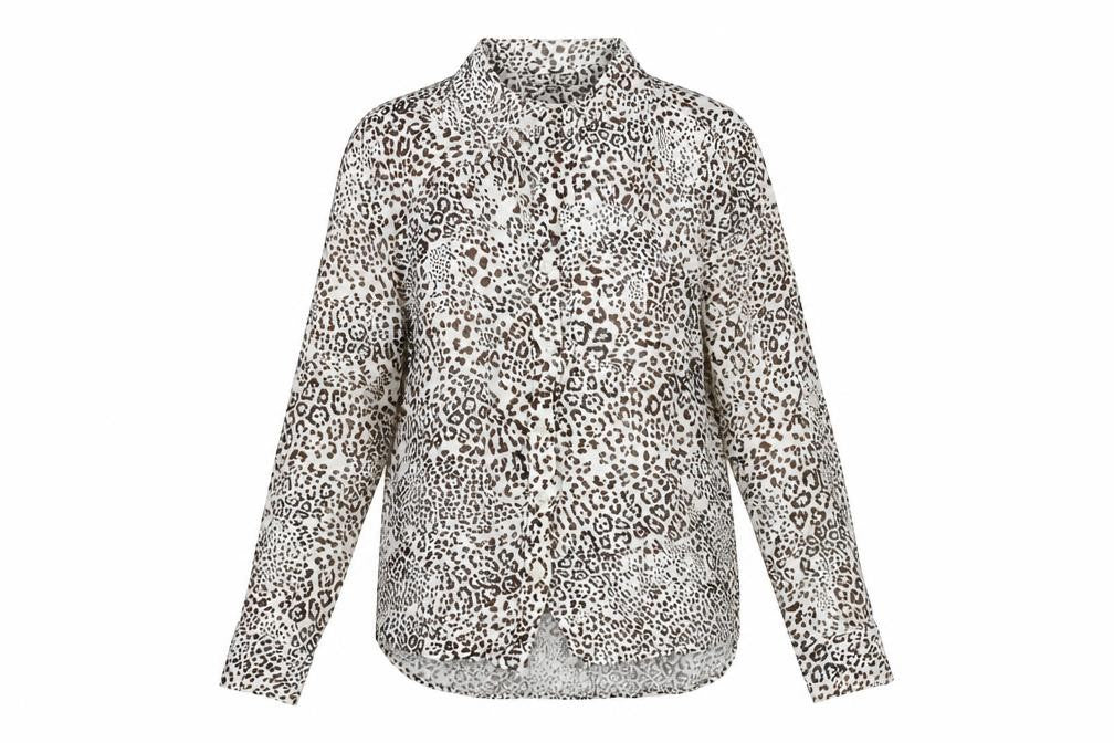 Front view of Velvet Heart women’s white animal print viscose basic button-up, size S, collared