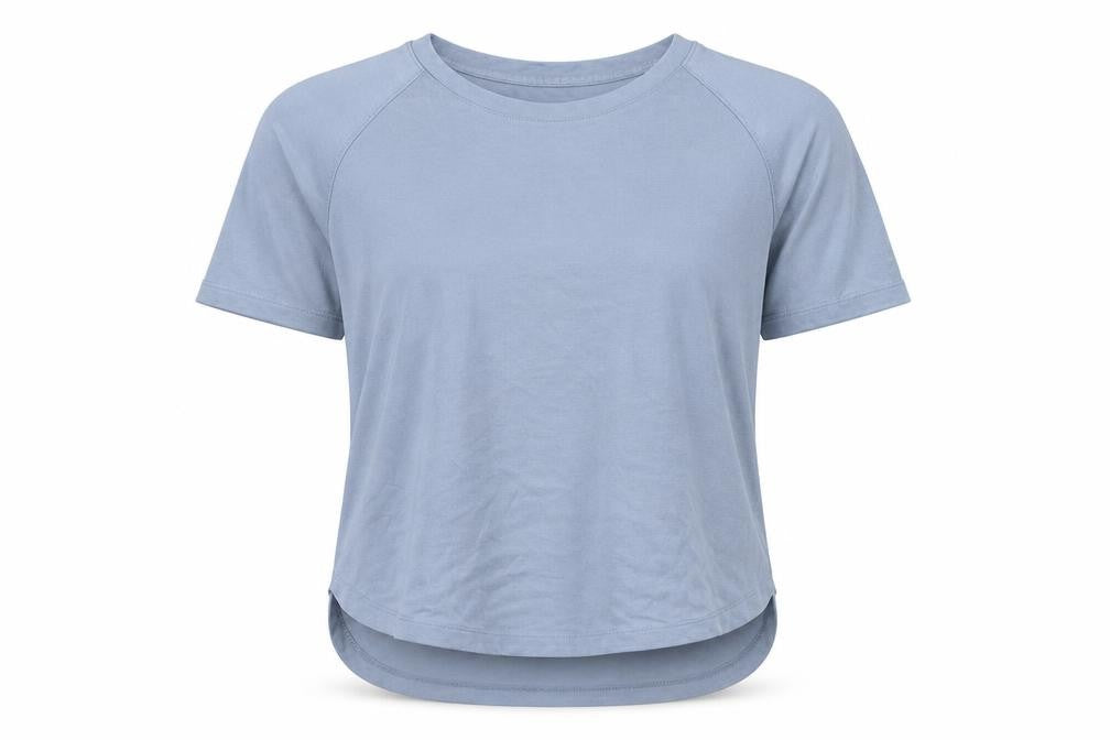 Front view of ESPRIT women’s blue polyester pullover t-shirt, size XS, round neck pullover