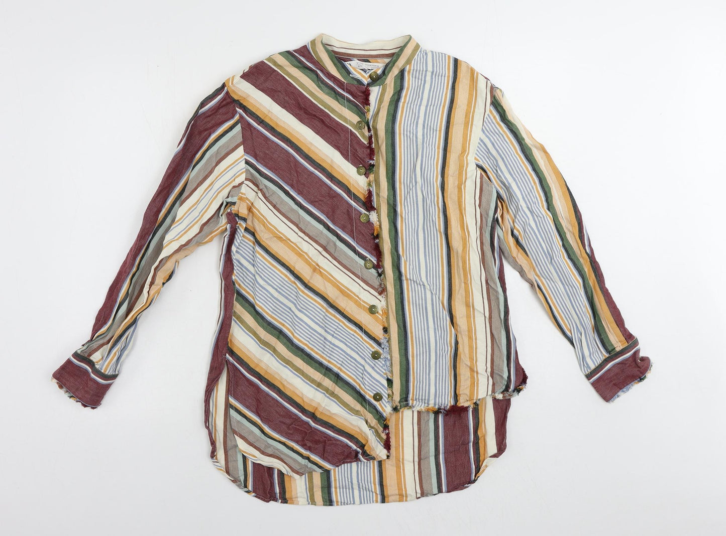 Zara Womens Multicoloured Striped Cotton Basic Button-Up Size S Mock Neck