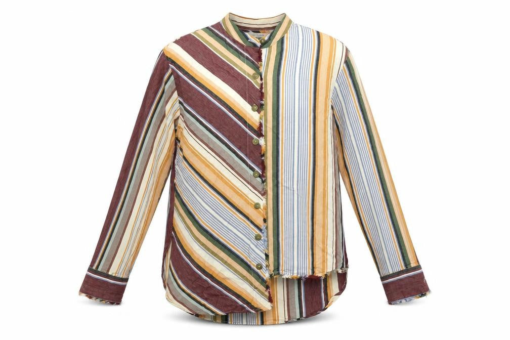 Front view of Zara women’s multicoloured striped cotton basic button-up, size S, mock neck