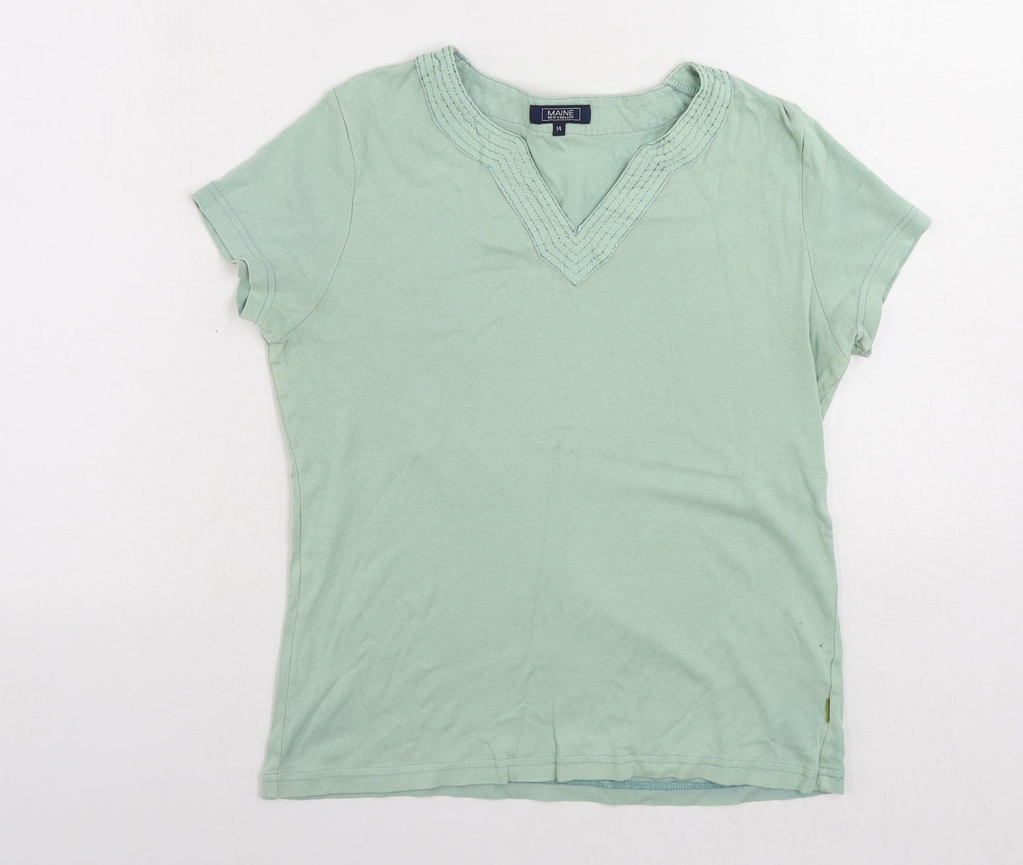 Maine New England Womens Green Cotton Basic T-Shirt Size 14 V-Neck