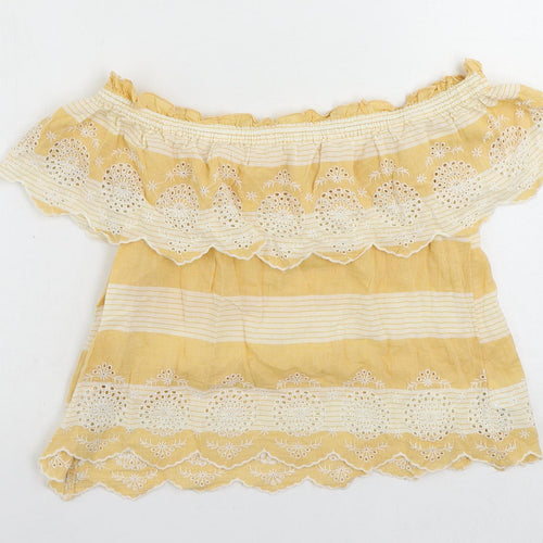 American Eagle Outfitters Womens Yellow Striped Cotton Cropped Blouse Size XS Off the Shoulder - Embroidered