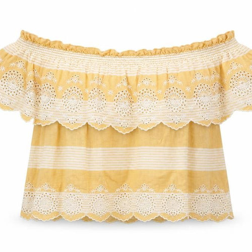 American Eagle Outfitters Womens Yellow Striped Cotton Cropped Blouse Size XS Off the Shoulder - Embroidered