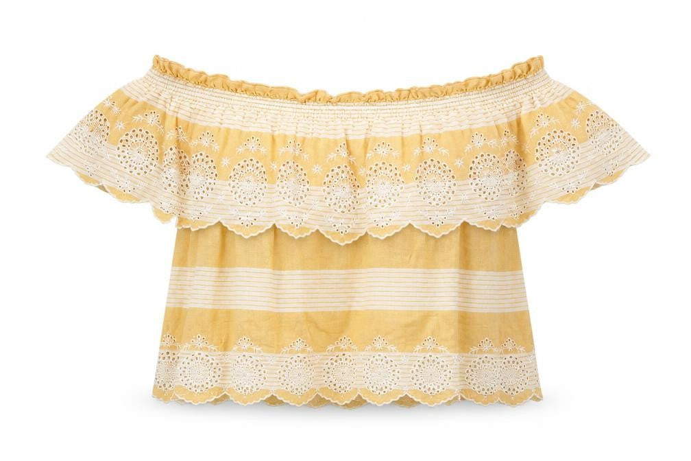 American Eagle Outfitters Womens Yellow Striped Cotton Cropped Blouse Size XS Off the Shoulder - Embroidered