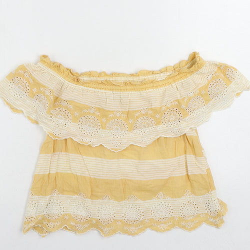 American Eagle Outfitters Womens Yellow Striped Cotton Cropped Blouse Size XS Off the Shoulder - Embroidered