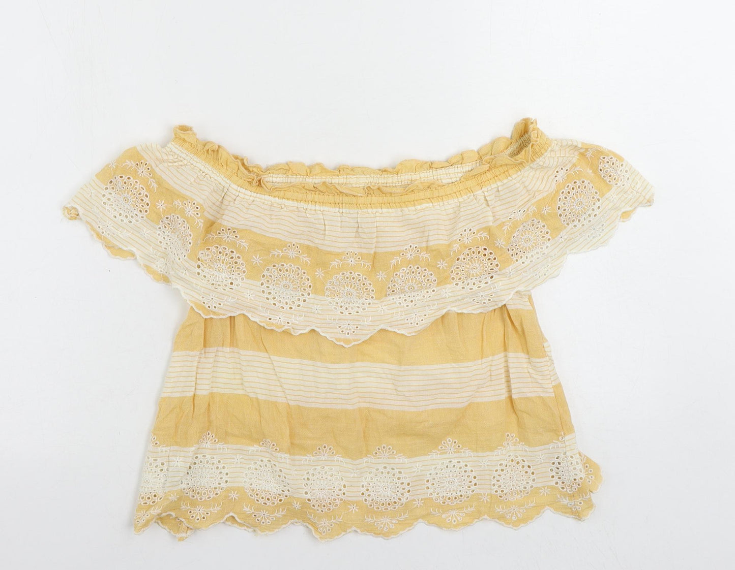 American Eagle Outfitters Womens Yellow Striped Cotton Cropped Blouse Size XS Off the Shoulder - Embroidered
