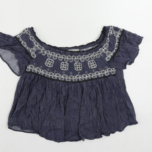American Eagle Outfitters Womens Blue Striped Cotton Cropped Blouse Size XS Off the Shoulder - Embroidered