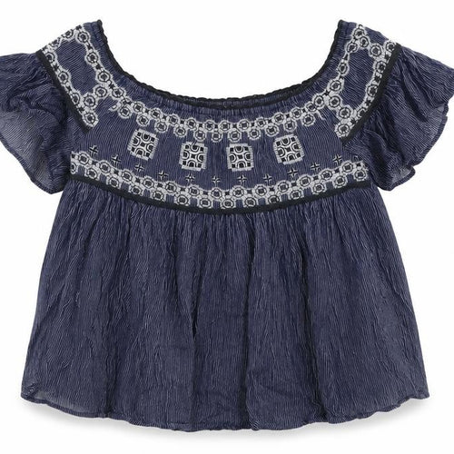 American Eagle Outfitters Womens Blue Striped Cotton Cropped Blouse Size XS Off the Shoulder - Embroidered