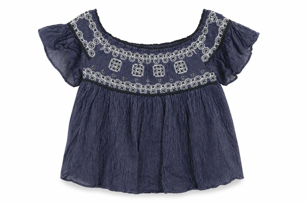 American Eagle Outfitters Womens Blue Striped Cotton Cropped Blouse Size XS Off the Shoulder - Embroidered