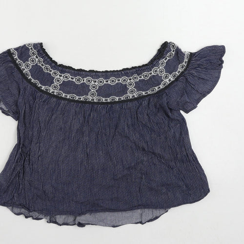 American Eagle Outfitters Womens Blue Striped Cotton Cropped Blouse Size XS Off the Shoulder - Embroidered