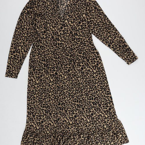 ASOS Womens Brown Animal Print Polyester A-Line Size 8 V-Neck Pullover - Ruffle