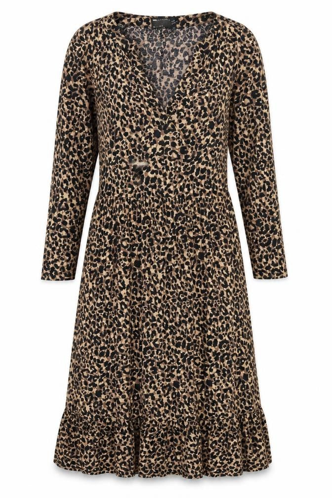 Front view of ASOS women’s brown animal print polyester a-line, size UK 8, v-neck pullover - ruffle