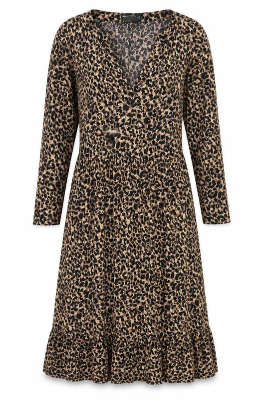 Front view of ASOS women’s brown animal print polyester a-line, size UK 8, v-neck pullover - ruffle