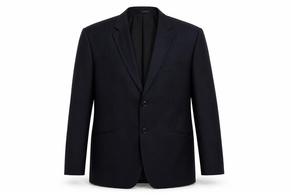 Front view of Brook Taverner men’s blue striped polyester jacket suit jacket, size 42, regular