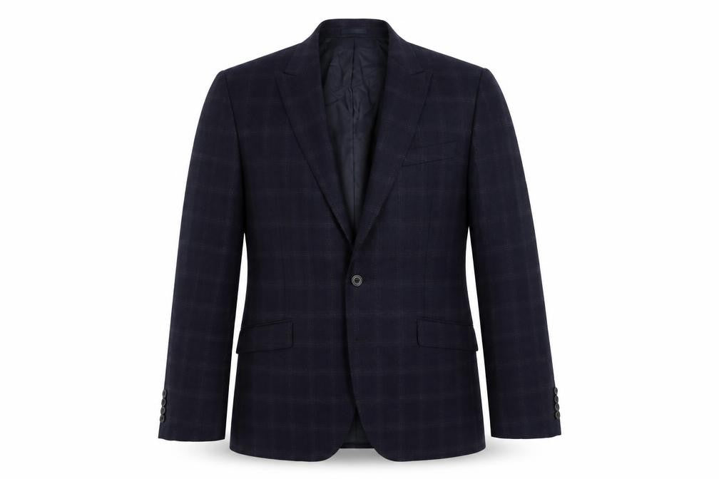Front view of John Lewis men’s blue plaid wool jacket suit jacket, size 44, regular