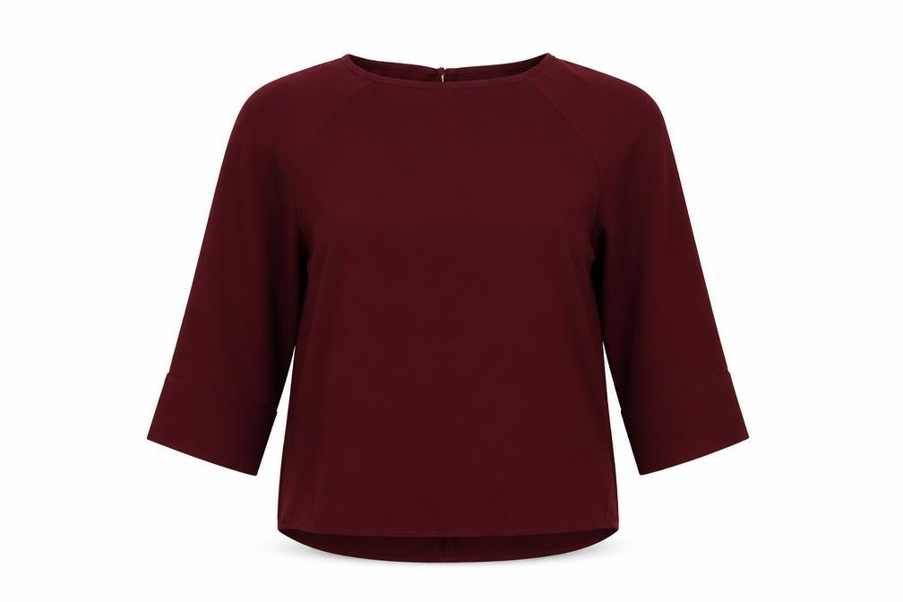 Front view of Marks & Spencer women’s red polyester basic blouse, size UK 12, round neck