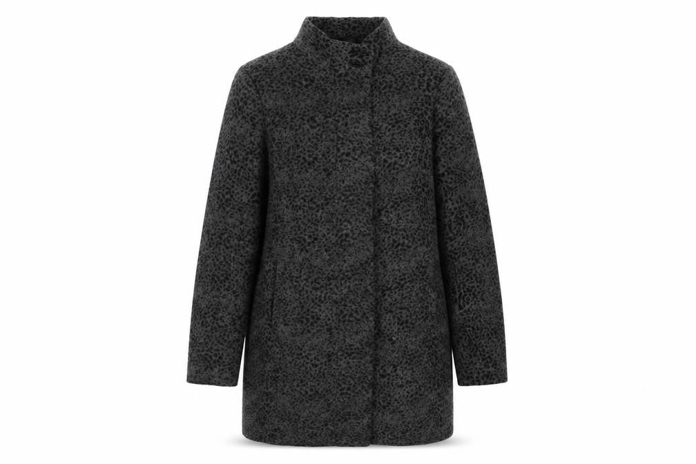 Front view of Finesse women’s grey animal print overcoat coat, size UK 12, button