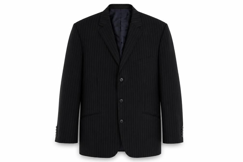 Front view of Marks & Spencer men’s black striped polyester jacket suit jacket, size 42, regular