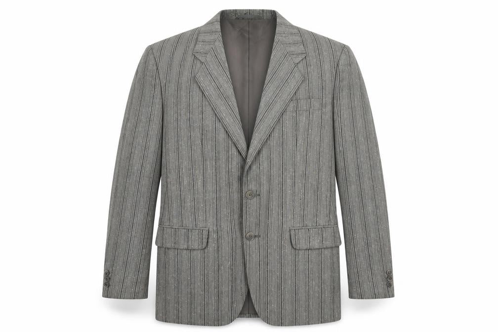 Front view of Oxley's men’s grey striped cotton jacket blazer, size 40, regular