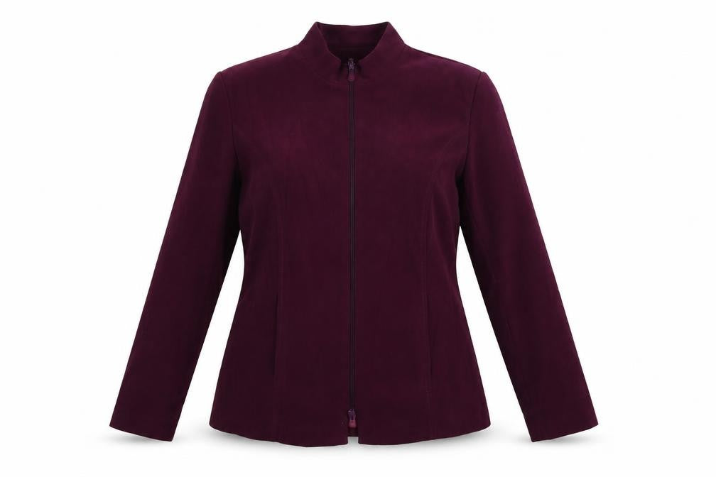 Front view of C.M.D. women’s purple jacket, size UK 12, zip
