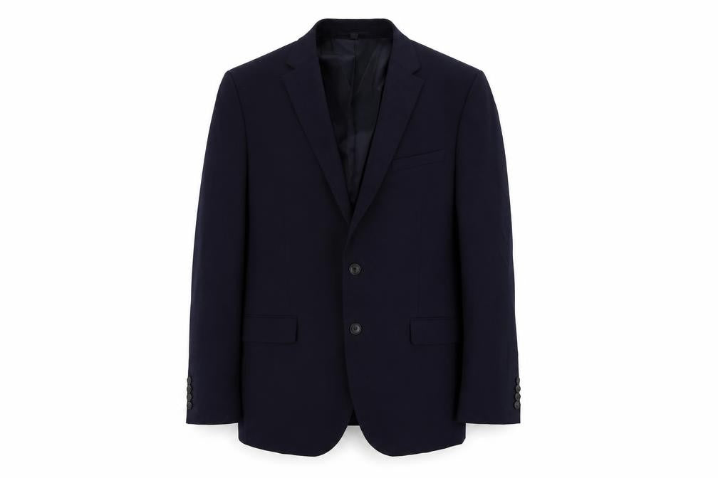 Front view of Marks & Spencer men’s blue polyester jacket suit jacket, size 46, regular