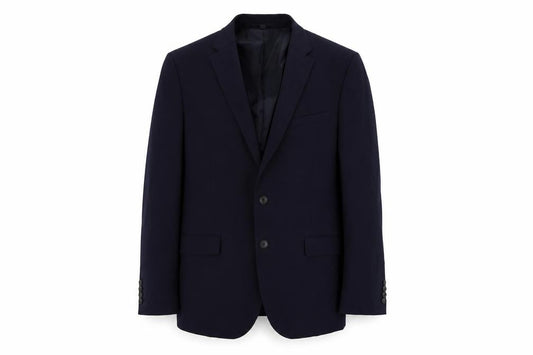 Front view of Marks & Spencer men’s blue polyester jacket suit jacket, size 46, regular