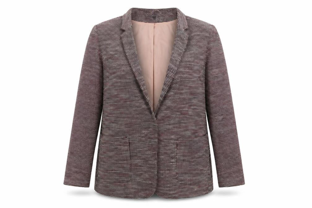 Front view of New Look women’s pink geometric jacket blazer, size UK 12, snap