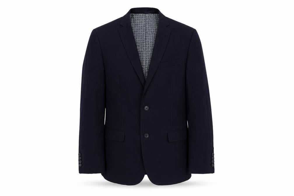 Front view of Racing Green men’s blue wool jacket suit jacket, size 38, regular