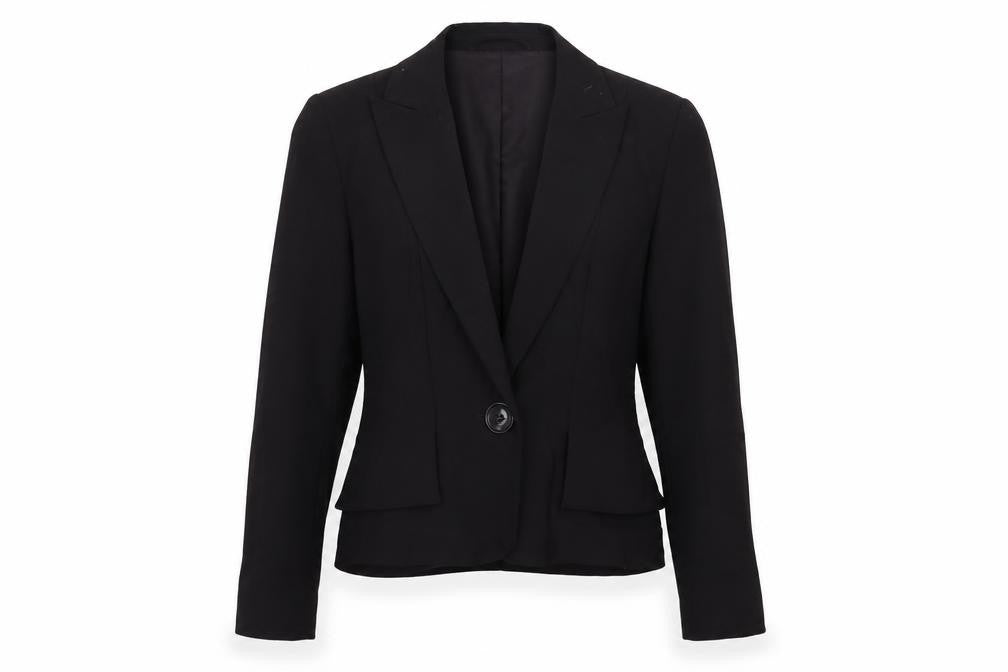 Front view of Bandolera women’s blue jacket blazer, size UK 10, button