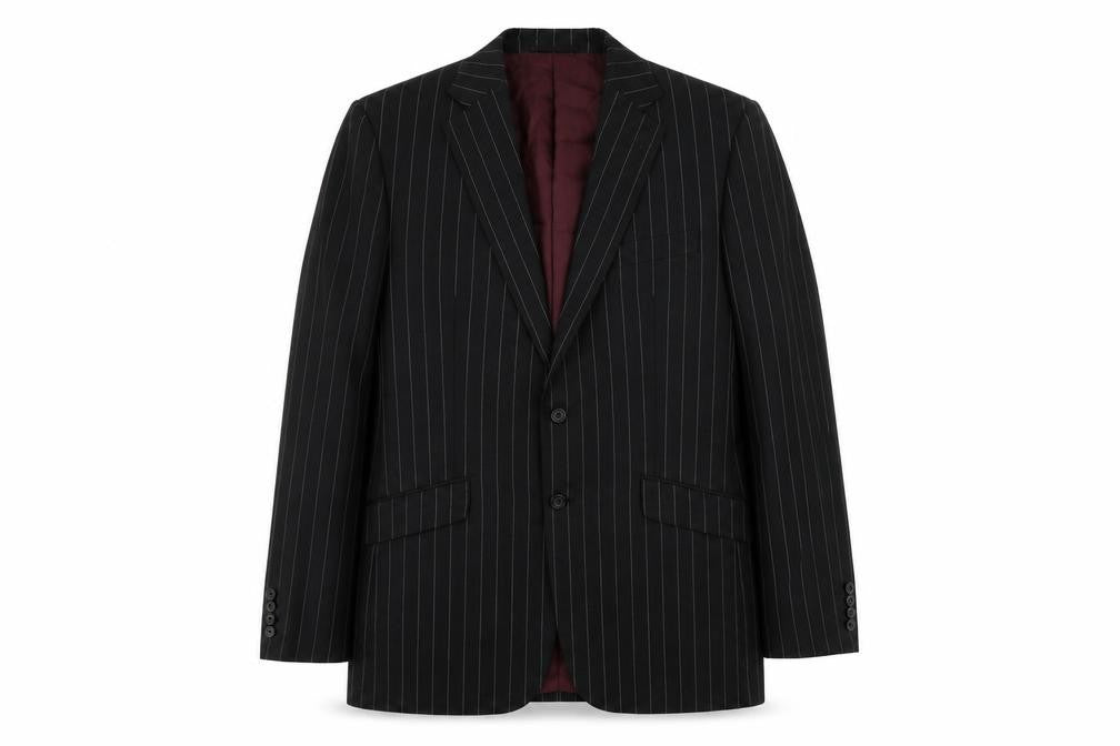 Front view of Marks & Spencer men’s black striped wool jacket suit jacket, size 42, regular