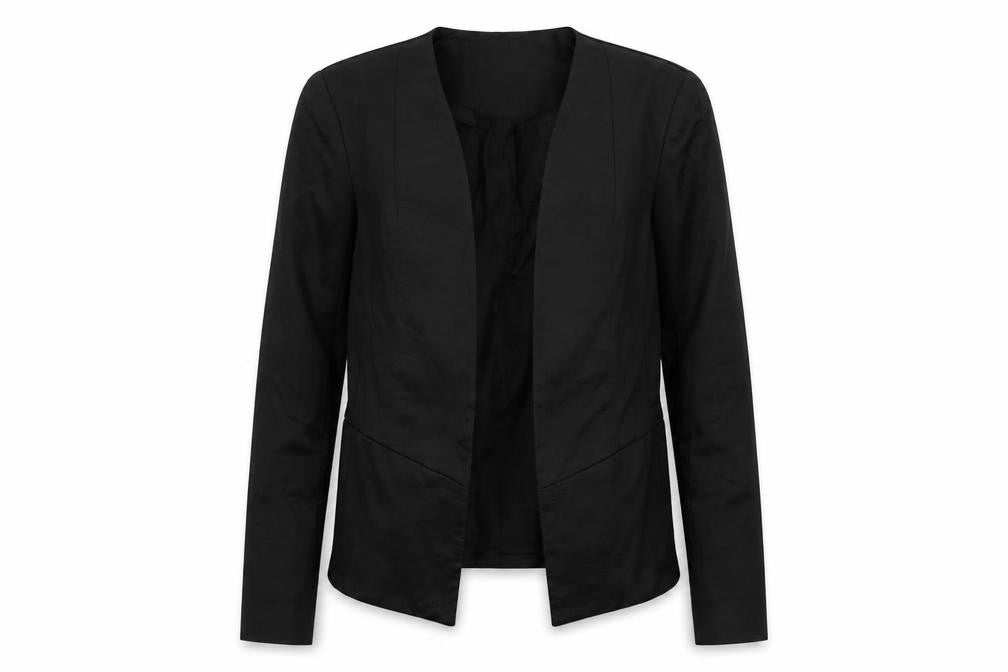 Front view of Topshop women’s black animal print jacket blazer, size UK 12, - open