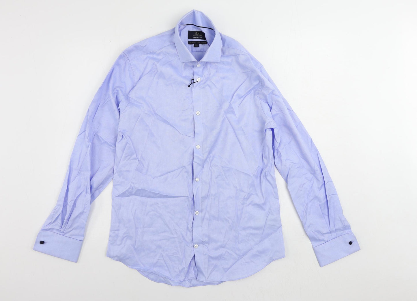 Marks and Spencer Mens Blue Cotton Dress Shirt Size 15.5 Collared Button