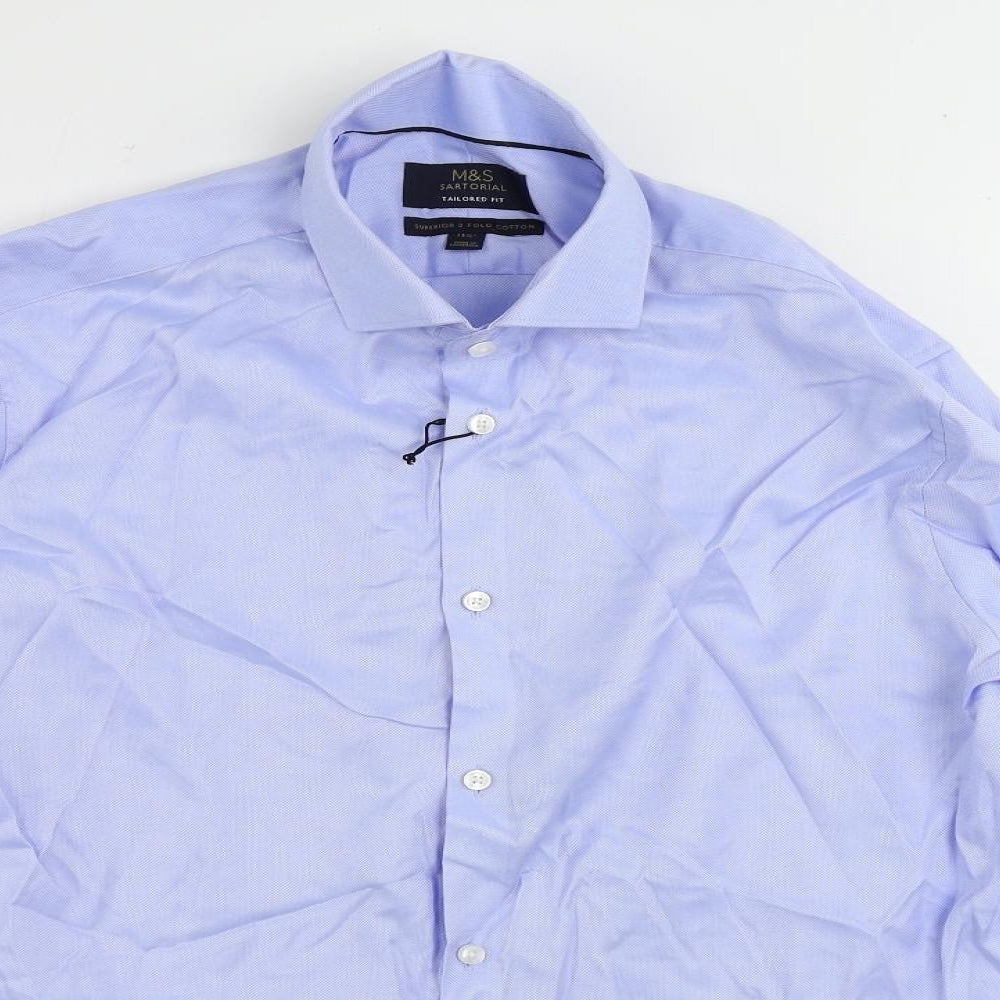Marks and Spencer Mens Blue Cotton Dress Shirt Size 15.5 Collared Button