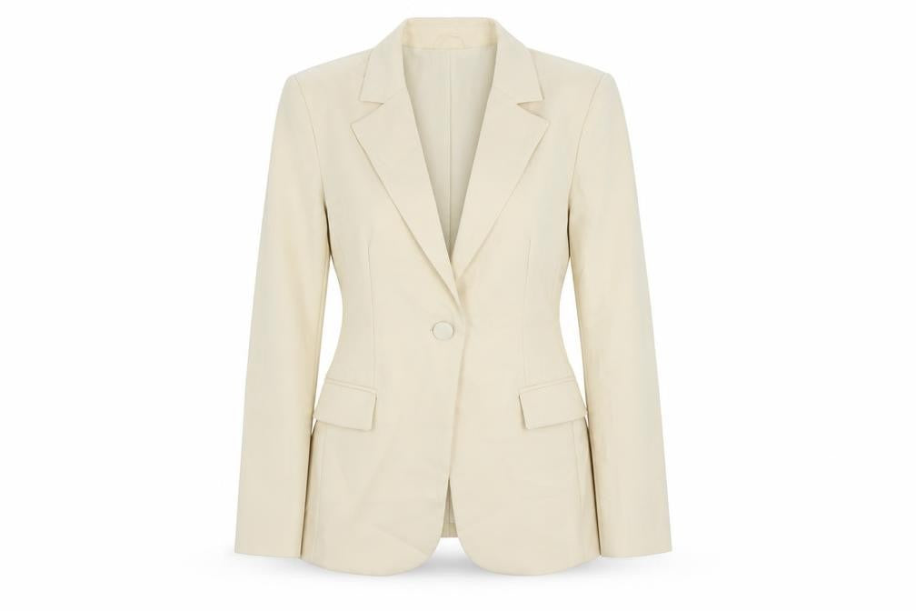 Front view of Boa women’s beige jacket blazer, size S, button