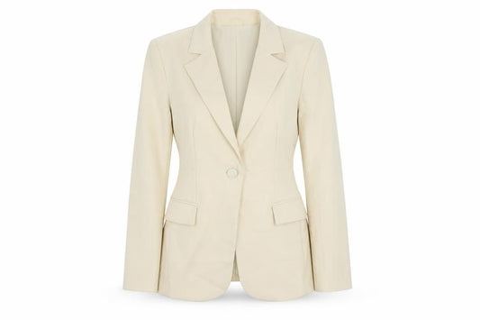 Front view of Boa women’s beige jacket blazer, size S, button