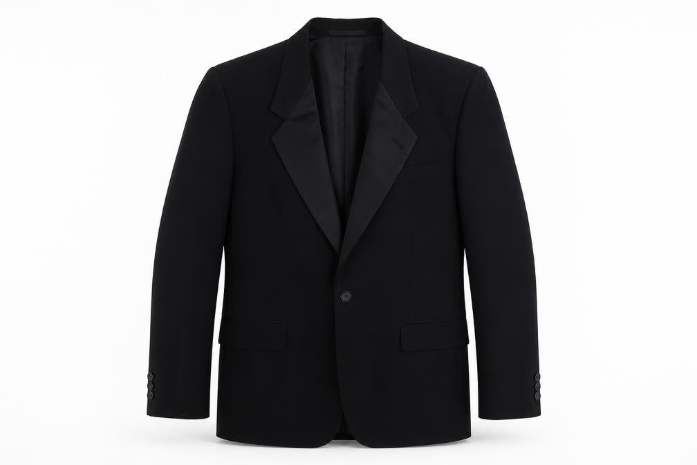 Front view of C&A men’s black polyester tuxedo suit jacket, size 38, regular