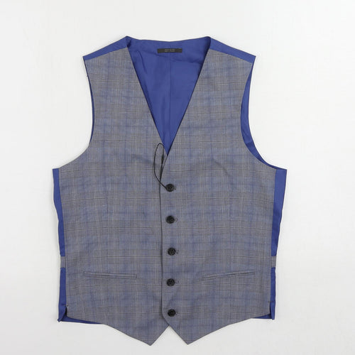 Marks and Spencer Mens Blue Plaid Polyester Jacket Suit Waistcoat Size 36 Regular