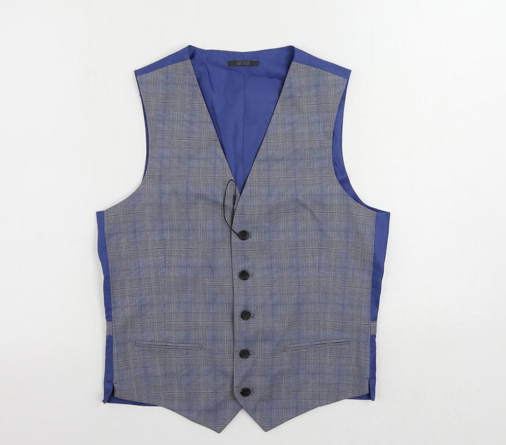 Marks and Spencer Mens Blue Plaid Polyester Jacket Suit Waistcoat Size 36 Regular