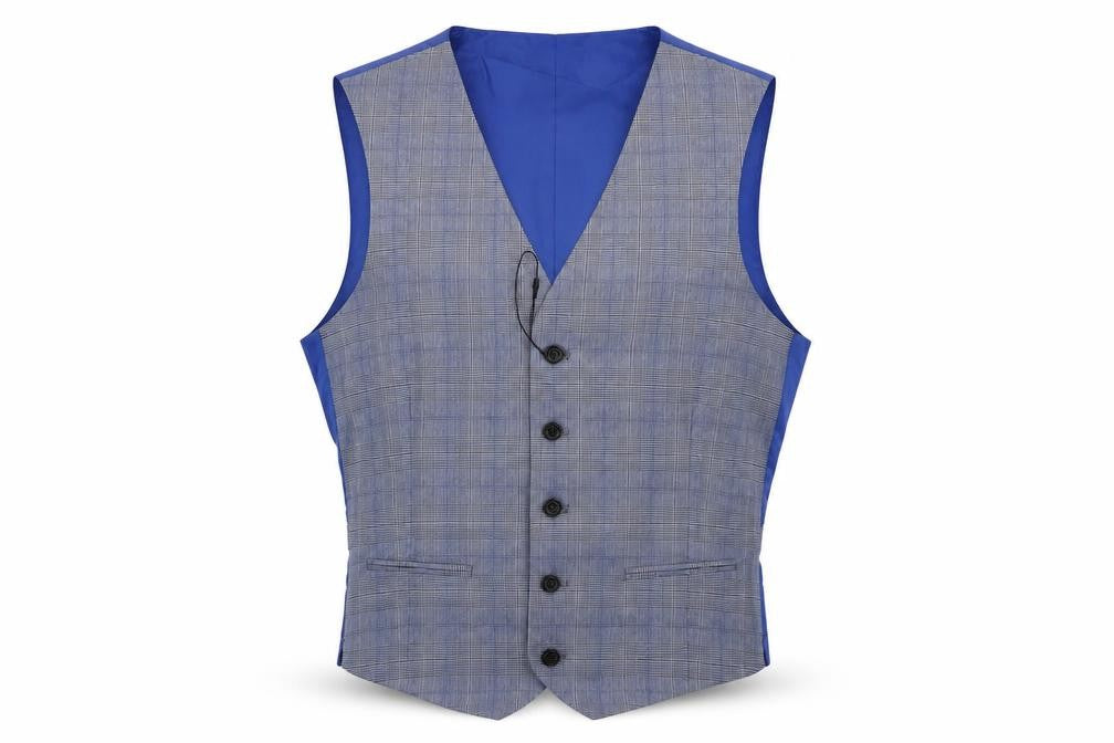 Front view of Marks & Spencer men’s blue plaid polyester jacket suit waistcoat, size 36, regular