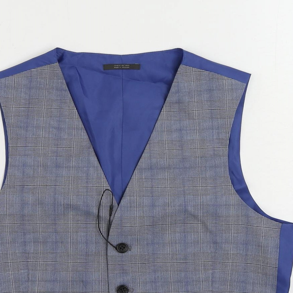 Marks and Spencer Mens Blue Plaid Polyester Jacket Suit Waistcoat Size 36 Regular