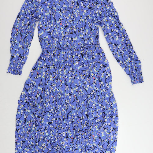 Marks and Spencer Womens Blue Floral Viscose A-Line Size 12 V-Neck Pullover