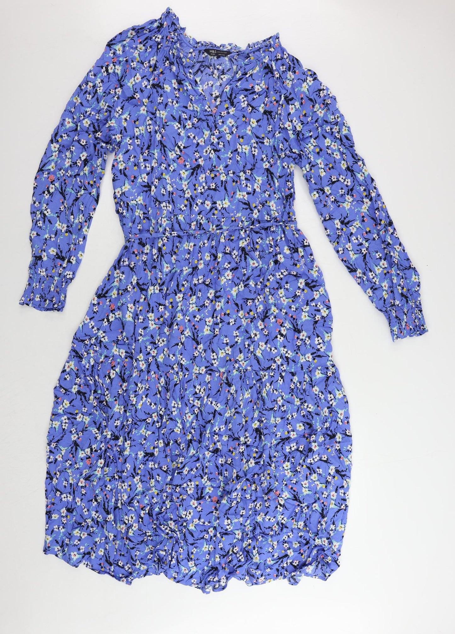 Marks and Spencer Womens Blue Floral Viscose A-Line Size 12 V-Neck Pullover