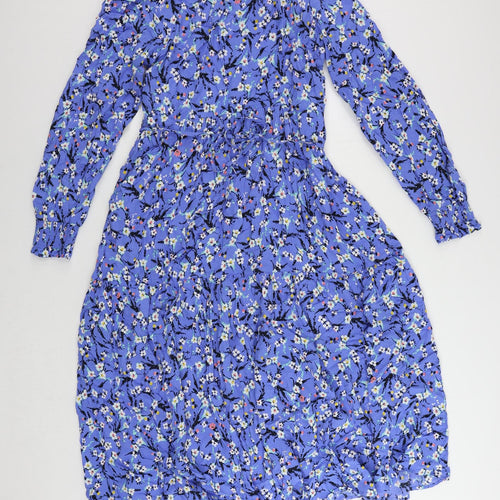 Marks and Spencer Womens Blue Floral Viscose A-Line Size 12 V-Neck Pullover