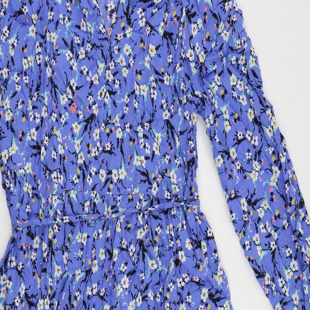 Marks and Spencer Womens Blue Floral Viscose A-Line Size 12 V-Neck Pullover