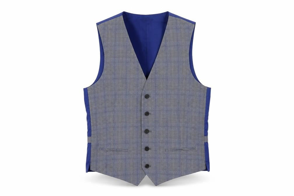 Front view of Marks & Spencer men’s blue plaid polyester jacket suit trousers, size 38, regular