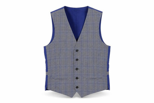 Front view of Marks & Spencer men’s blue plaid polyester jacket suit trousers, size 38, regular