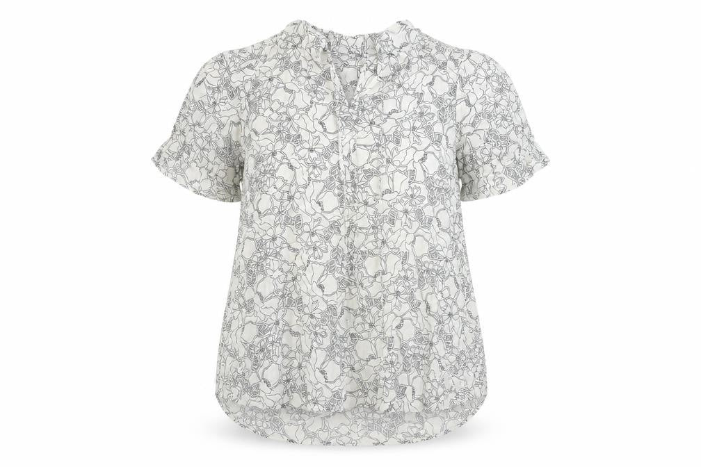 Front view of Marks & Spencer women’s white floral viscose basic blouse, size UK 12, v-neck