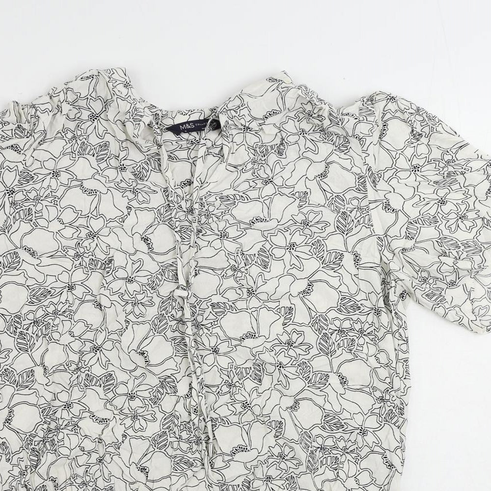 Marks and Spencer Womens White Floral Viscose Basic Blouse Size 12 V-Neck
